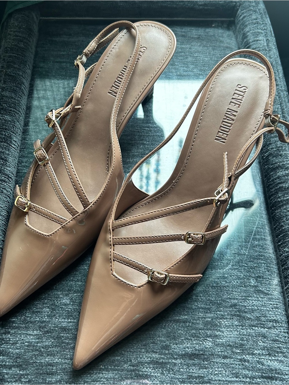 Steve Madden Brown Pointed Slingback Pumps with Gold Buckles